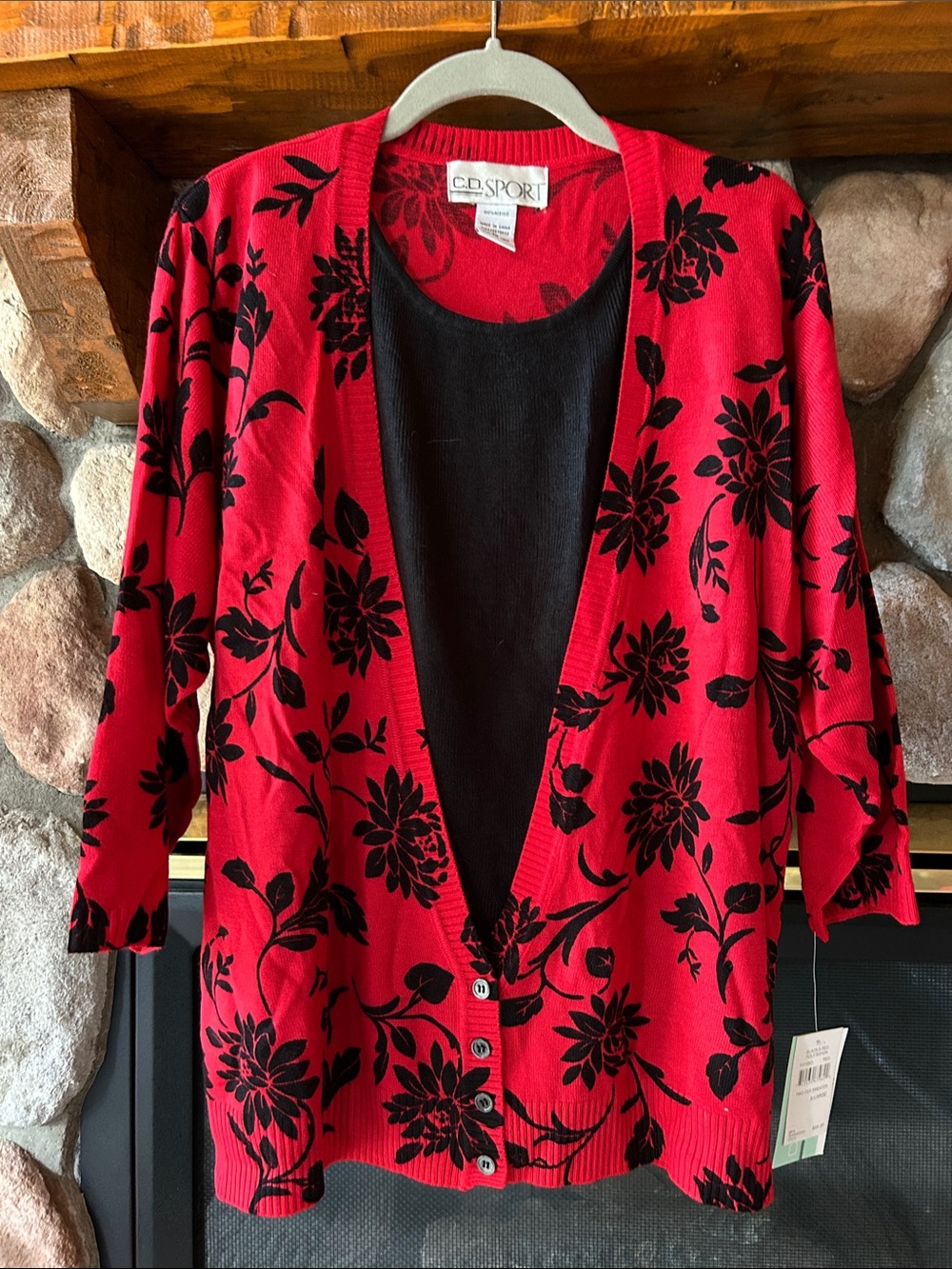 CD Sport Red Black Floral Cardigan Two-Fer Sweater, Size XL, NWT